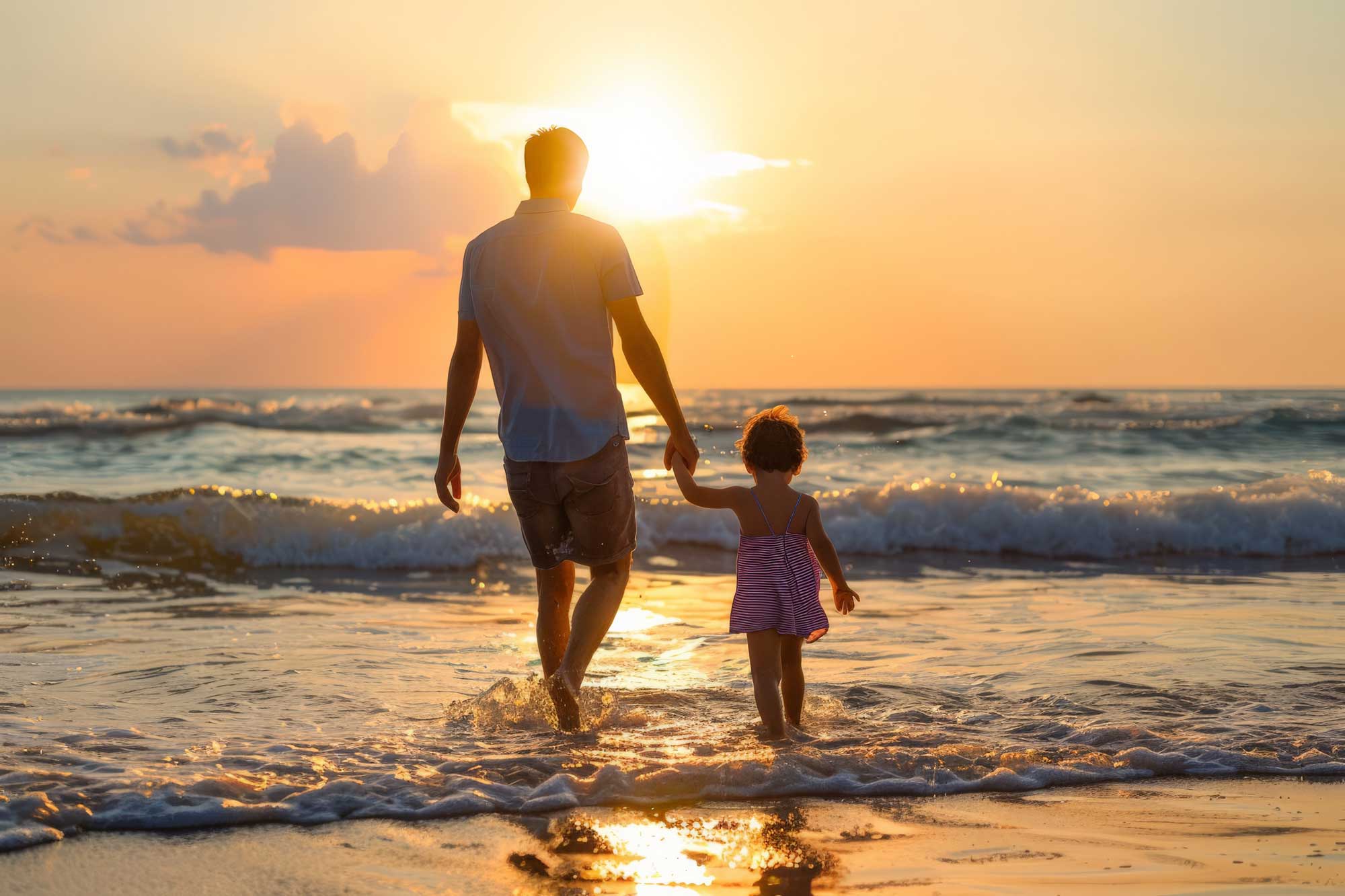 a-father-holding-hands-with-his-young-child-walks-along-the-shore-at-sunset