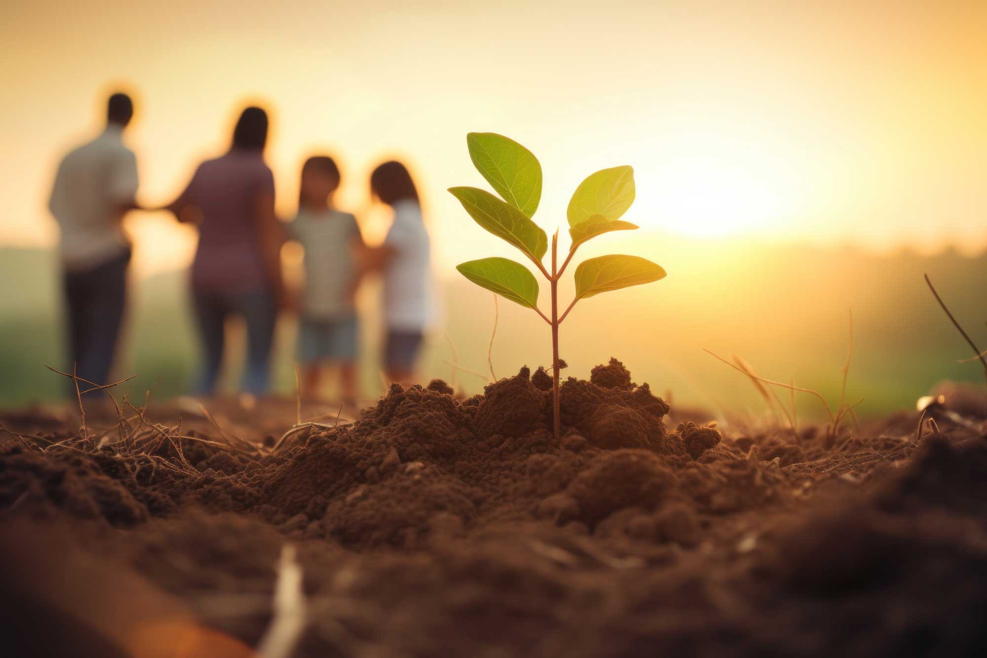 seedling-in-soil-with-family-silhouette-at-sunset